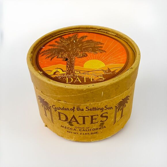 Vtg GARDEN OF THE SETTING SUN DATES Container Advertising Box Mecca CA Palm Tree - Picture 1 of 9